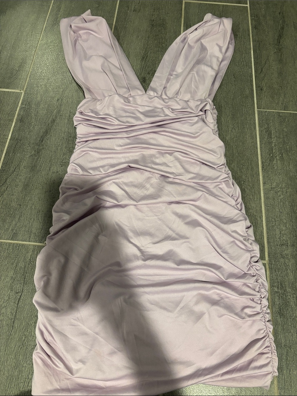 Ruched V-Neck Mini Dress in Light Lavender